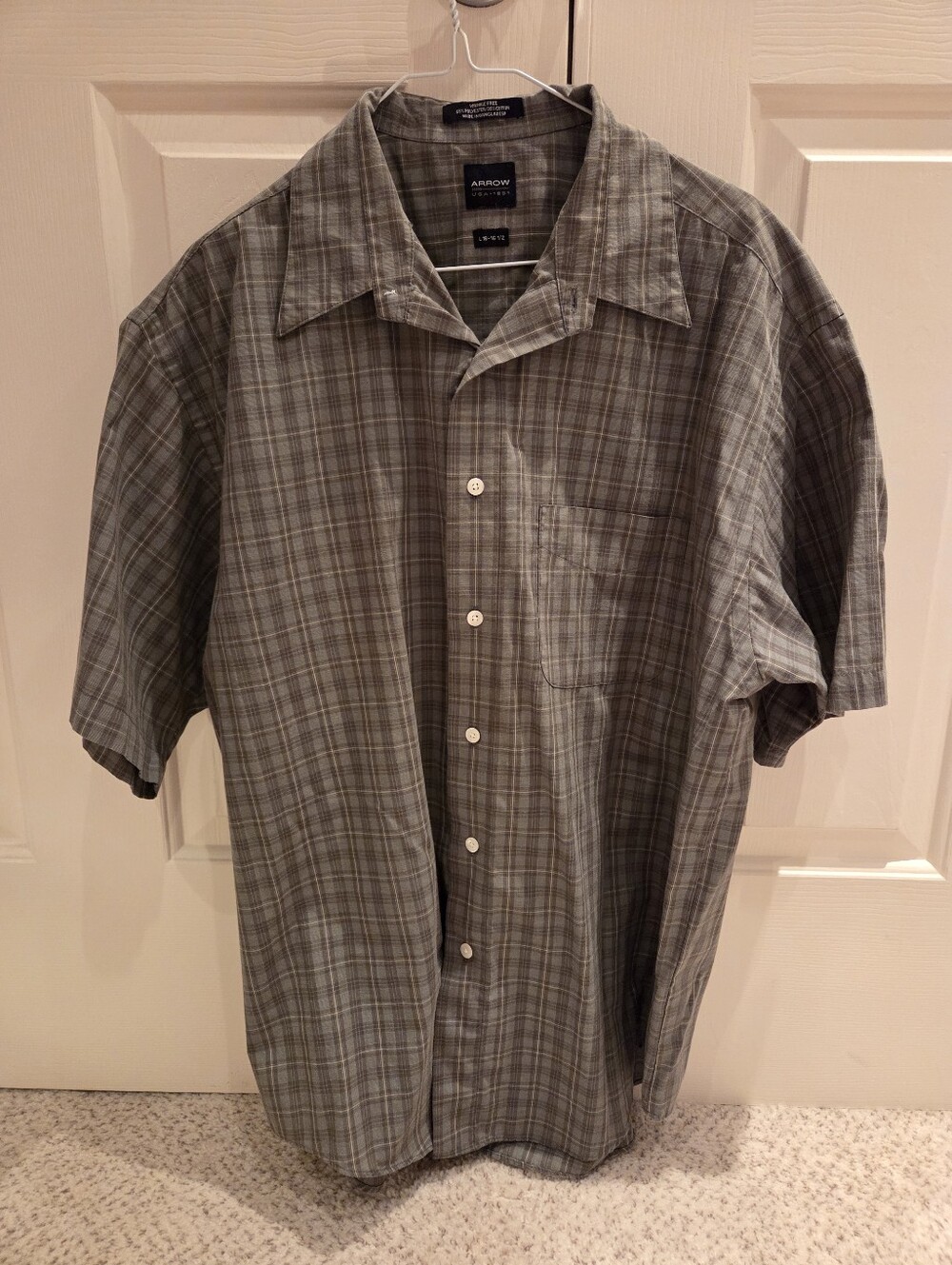 Arrow Men's Large Army Green Plaid Short-Sleeve Button-Down Shirt Wedding